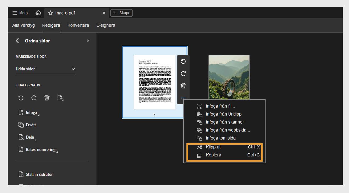 Vyn Ordna sidor visar miniatyrbilder, med en vald sidas snabbmeny som visar alternativen Klipp ut och Kopiera.