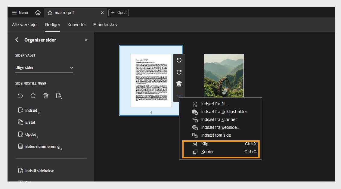 Visningen Organiser sider viser miniaturebilleder, hvor en valgt sides genvejsmenu viser indstillingerne Klip og Kopiér.