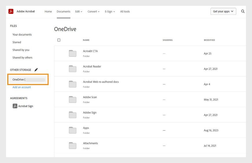 V části Další úložiště na levém panelu se zobrazuje výpis pro službu OneDrive. Na stránce se zobrazí soubory ve vašem účtu OneDrive. 