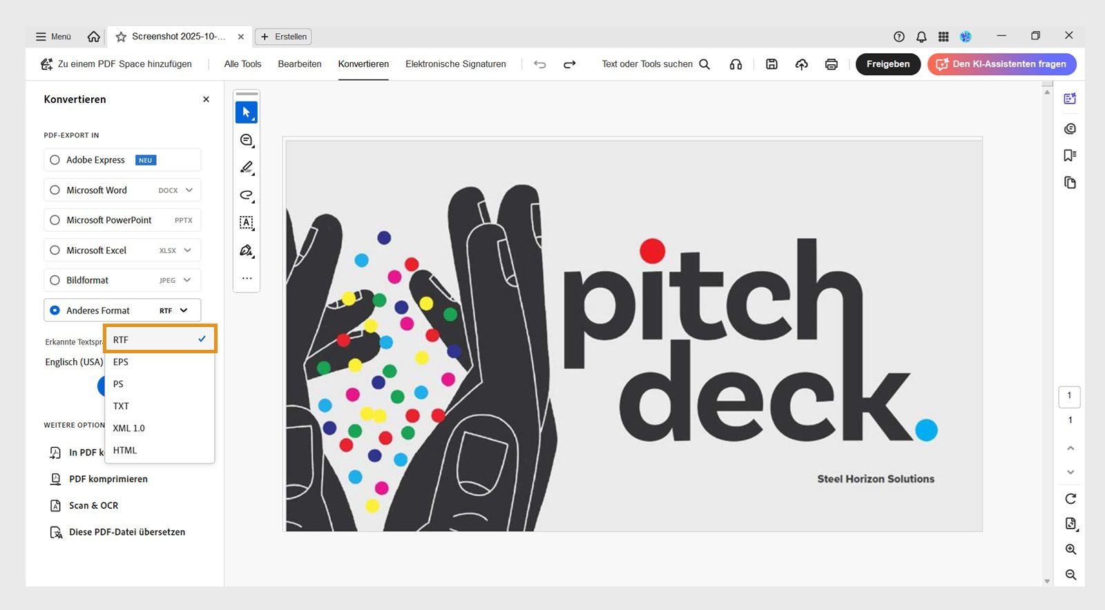 Das Dropdown-Menü „Anderes Format&quot; im Bereich „PDF exportieren in&quot; hebt die RTF-Option aus dem linken Bereich hervor.