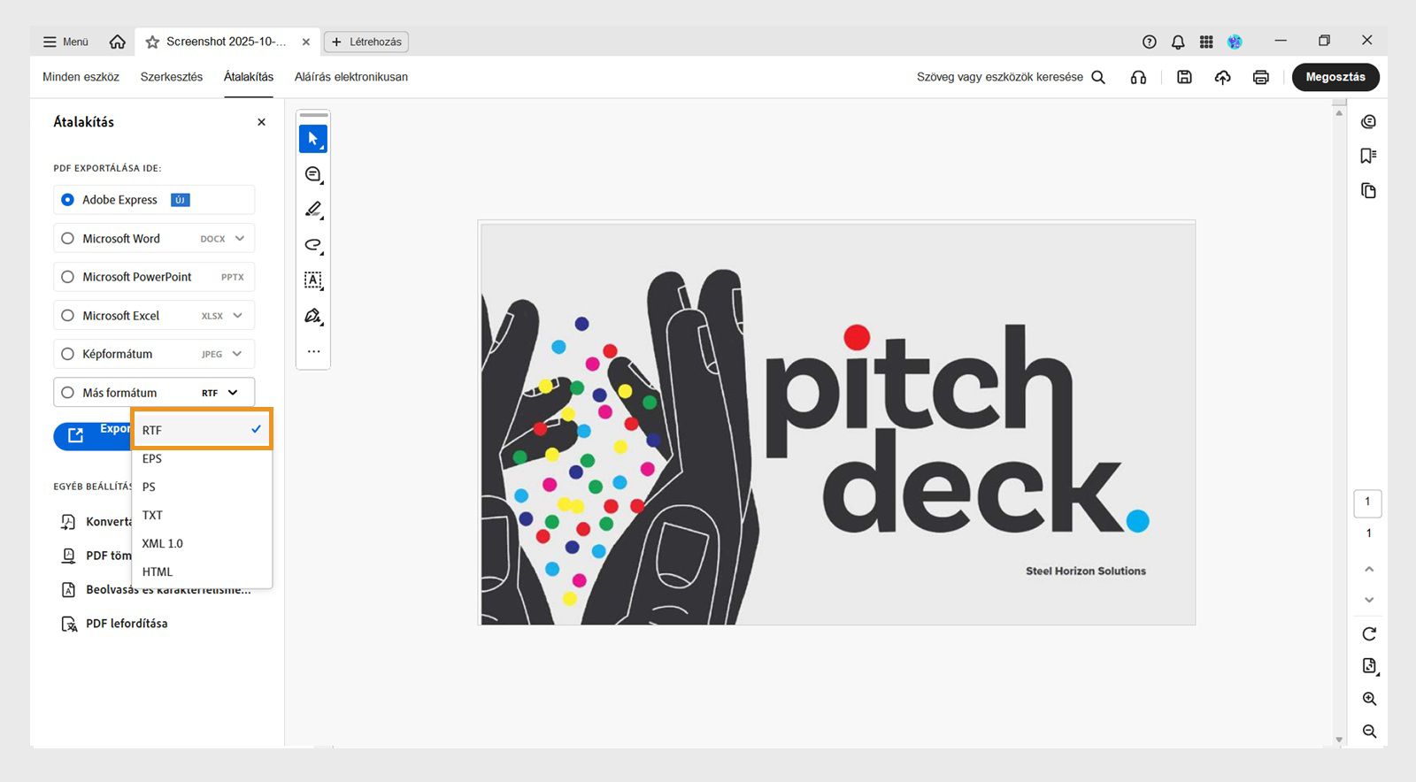 A PDF-exportálása ide részben található Egyéb formátum legördülő menü kiemeli az RTF opciót a bal oldali panelen.