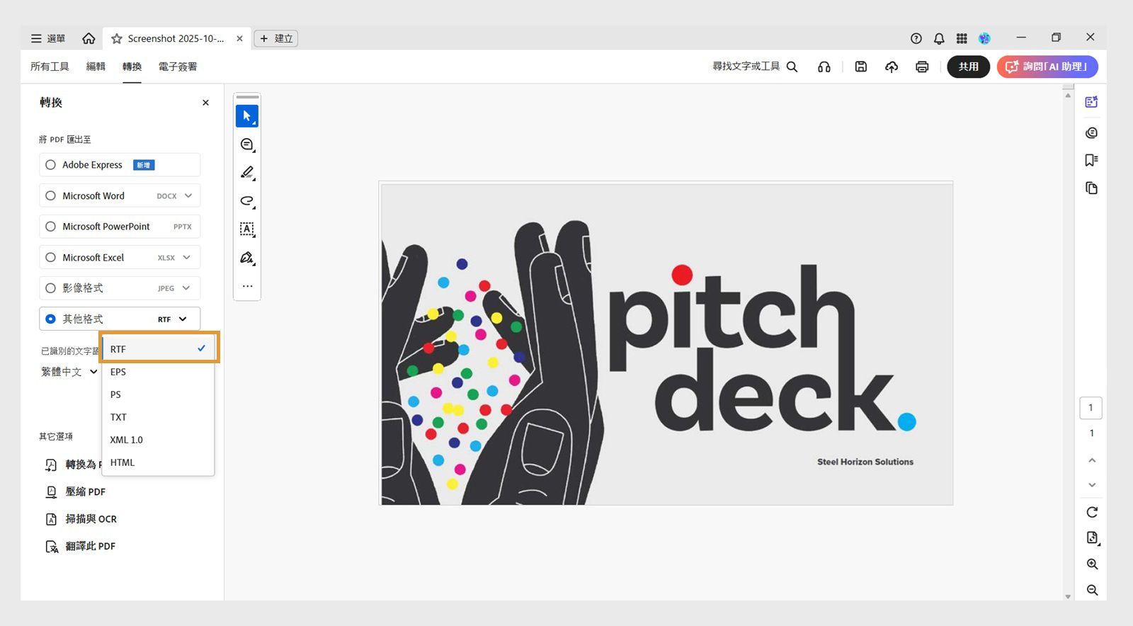 「匯出 PDF 為」區段中的「其他格式」下拉式選單，會在左側窗格中醒目顯示 RTF 選項。