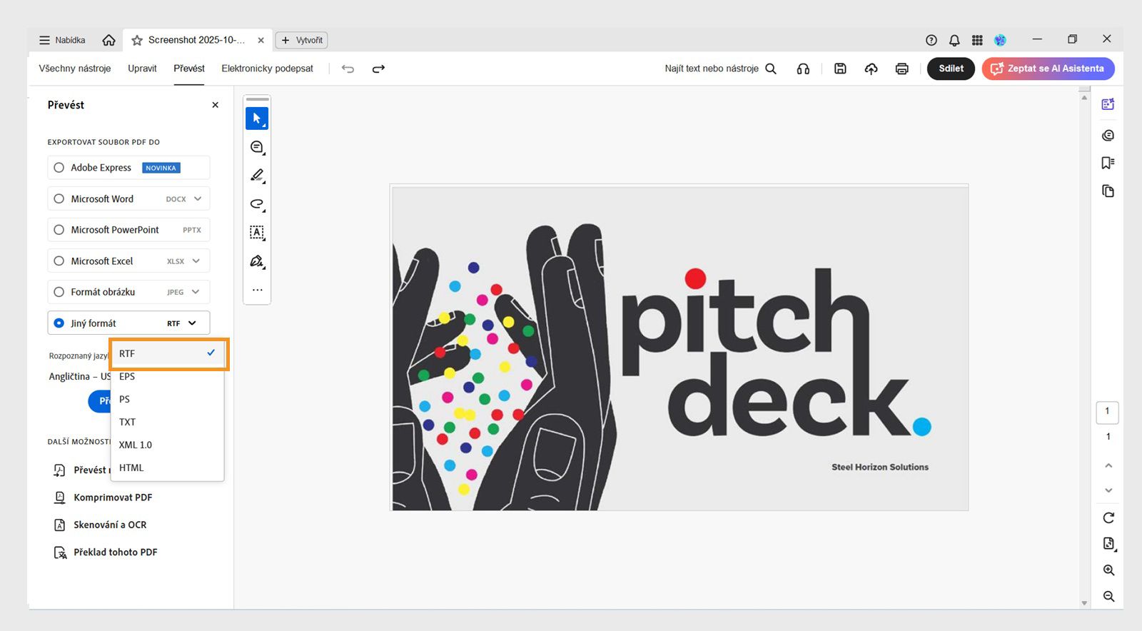 Rozbalovací nabídka Jiný formát v sekci Export PDF do zvýrazňuje možnost RTF v levém panelu.