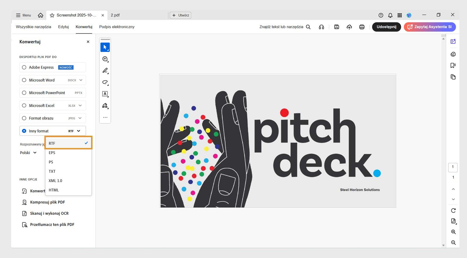 Menu rozwijane Inny format w sekcji „Eksportuj plik PDF do” z podświetloną opcją RTF w panelu po lewej stronie. 