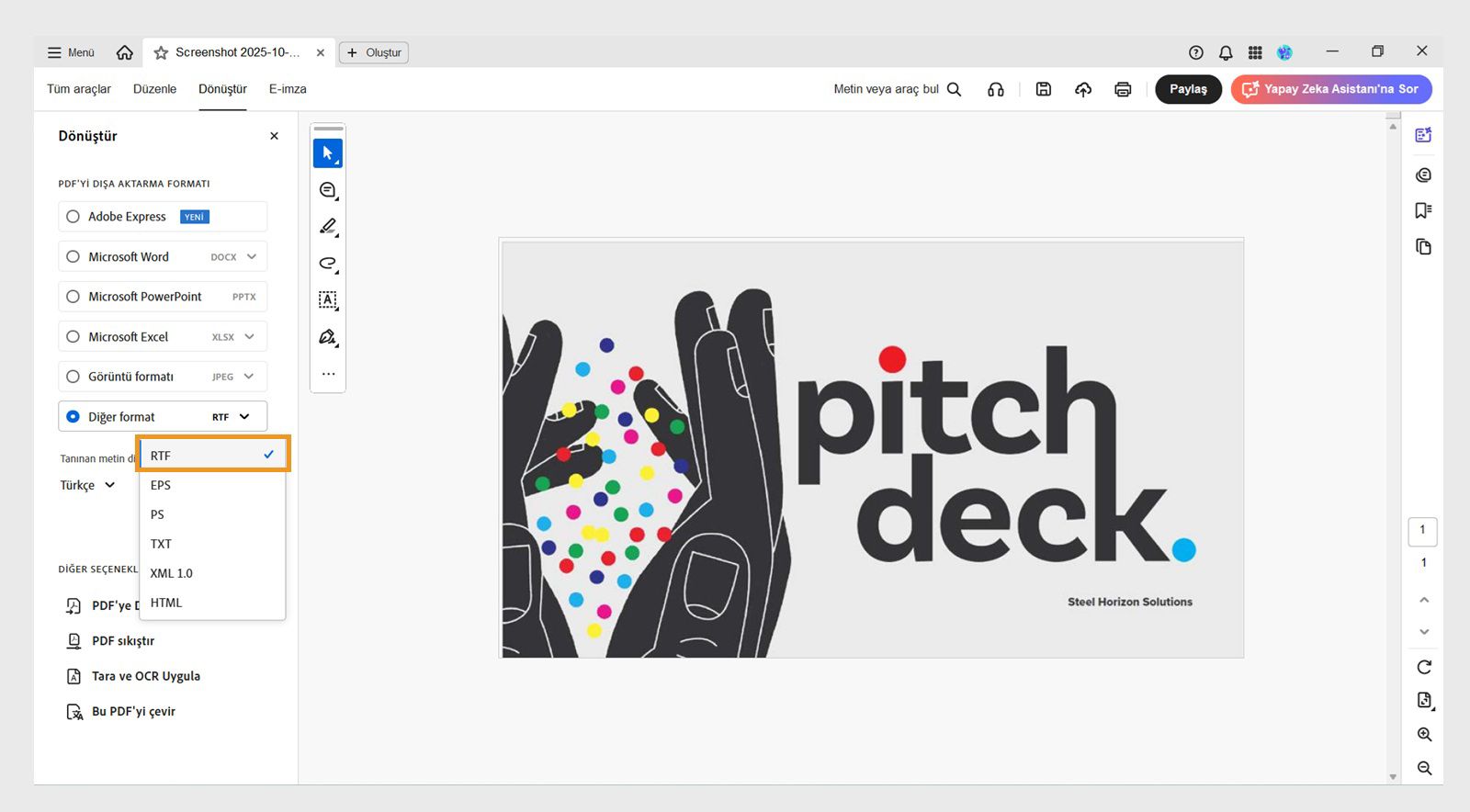 PDF'yi Dışa Aktar bölümündeki Diğer biçim açılır menüsü, sol bölmedeki RTF seçeneğini vurgular.