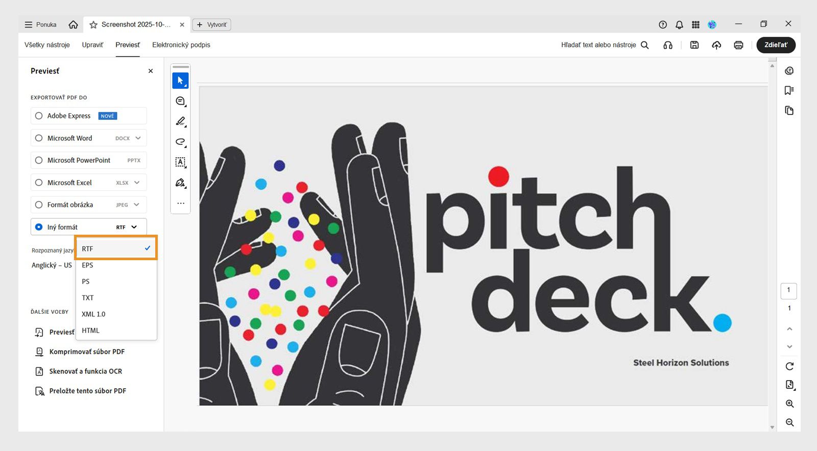 Rozbaľovacia ponuka Iný formát v časti Export pdf do zvýrazňuje možnosť RTF z ľavého panela.