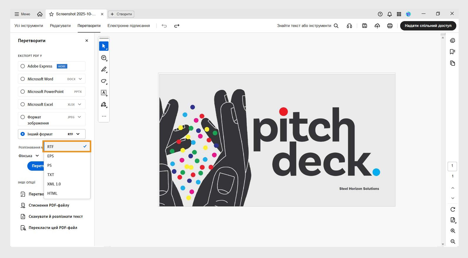 У розкривному меню «Інший формат» у розділі Експортувати PDF у виділено опцію RTF на лівій панелі. 