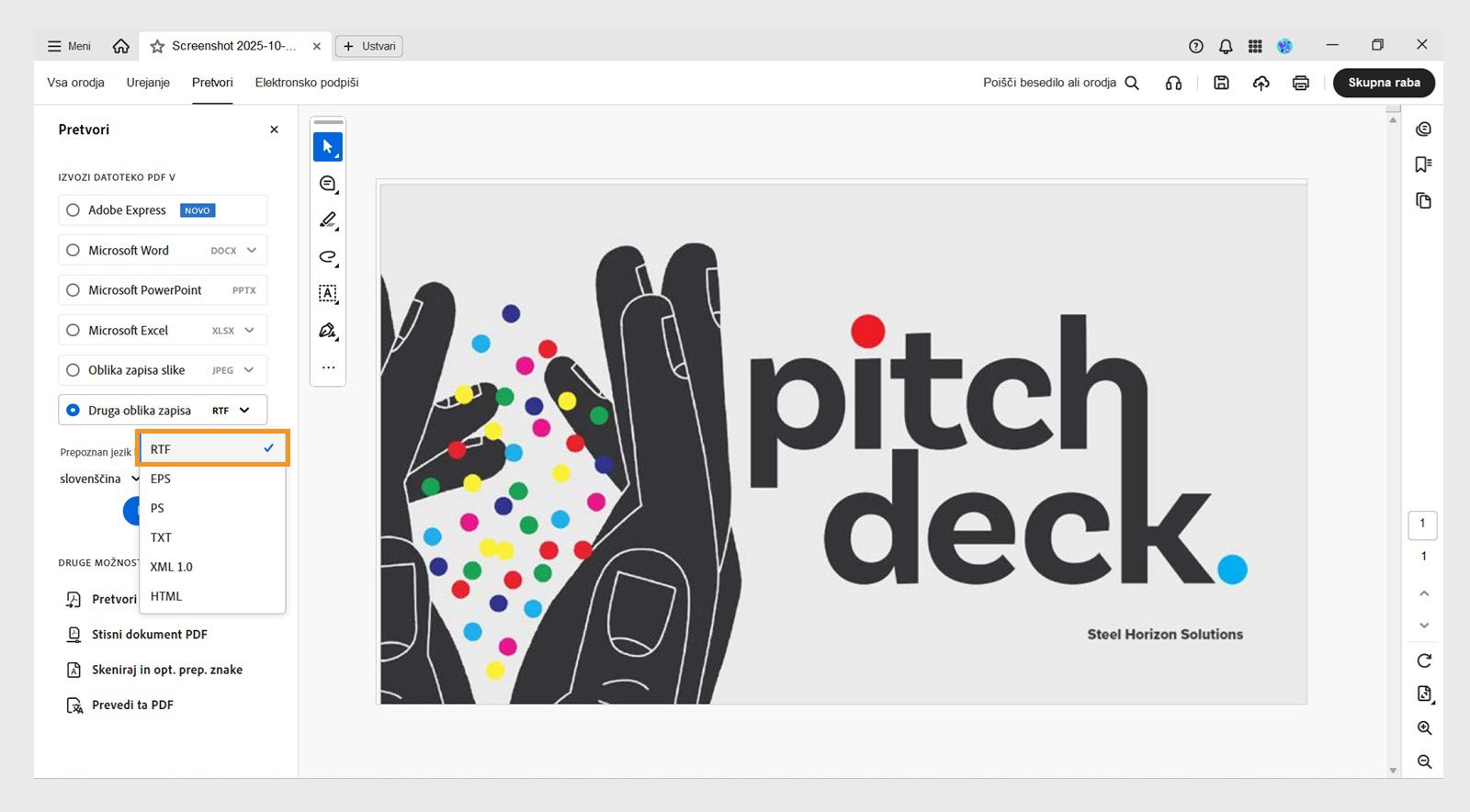 V spustnem meniju Druga oblika zapisa v razdelku Izvozi PDF v je v levem podoknu označena možnost RTF. 