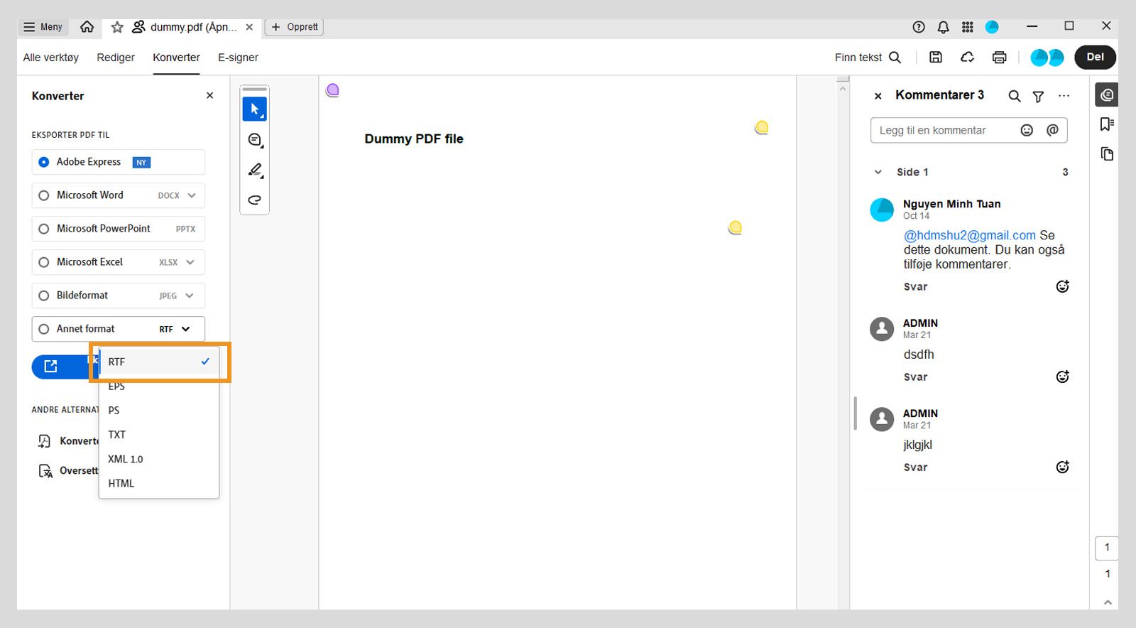 Rullegardinmenyen for Annet format i delen Eksporter PDF til fremhever RTF-alternativet fra venstre rute. 