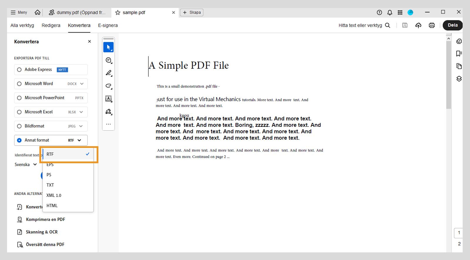 Rullgardinsmenyn Annat format i avsnittet Exportera PDF till med alternativet RTF markerat i den vänstra rutan. 