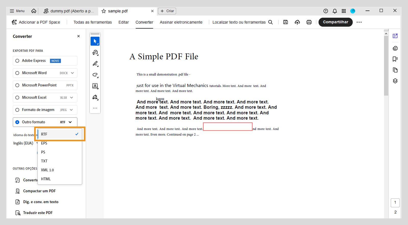 O menu suspenso Outro formato na seção Exportar PDF para destaca a opção RTF no painel esquerdo. 