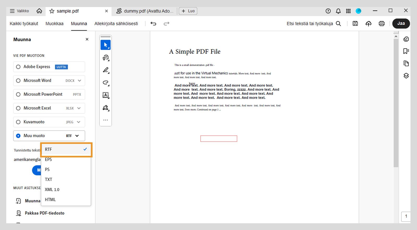 Vasemman ruudun Vie PDF muotoon -osion Muu muoto -pudotusvalikossa on korostettu RTF-vaihtoehto. 