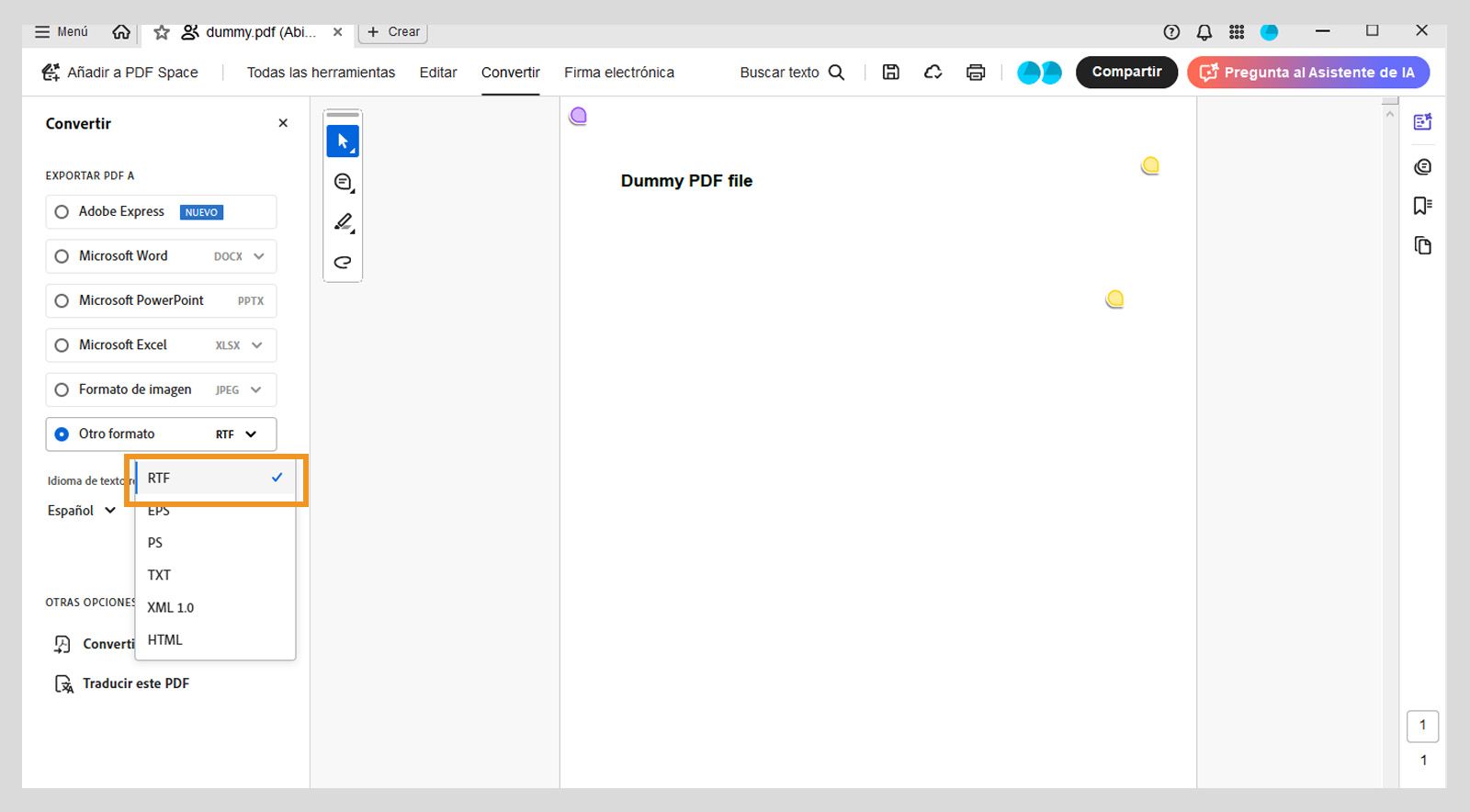 El menú desplegable Otro formato en la sección Exportar PDF a resalta la opción RTF del panel izquierdo. 