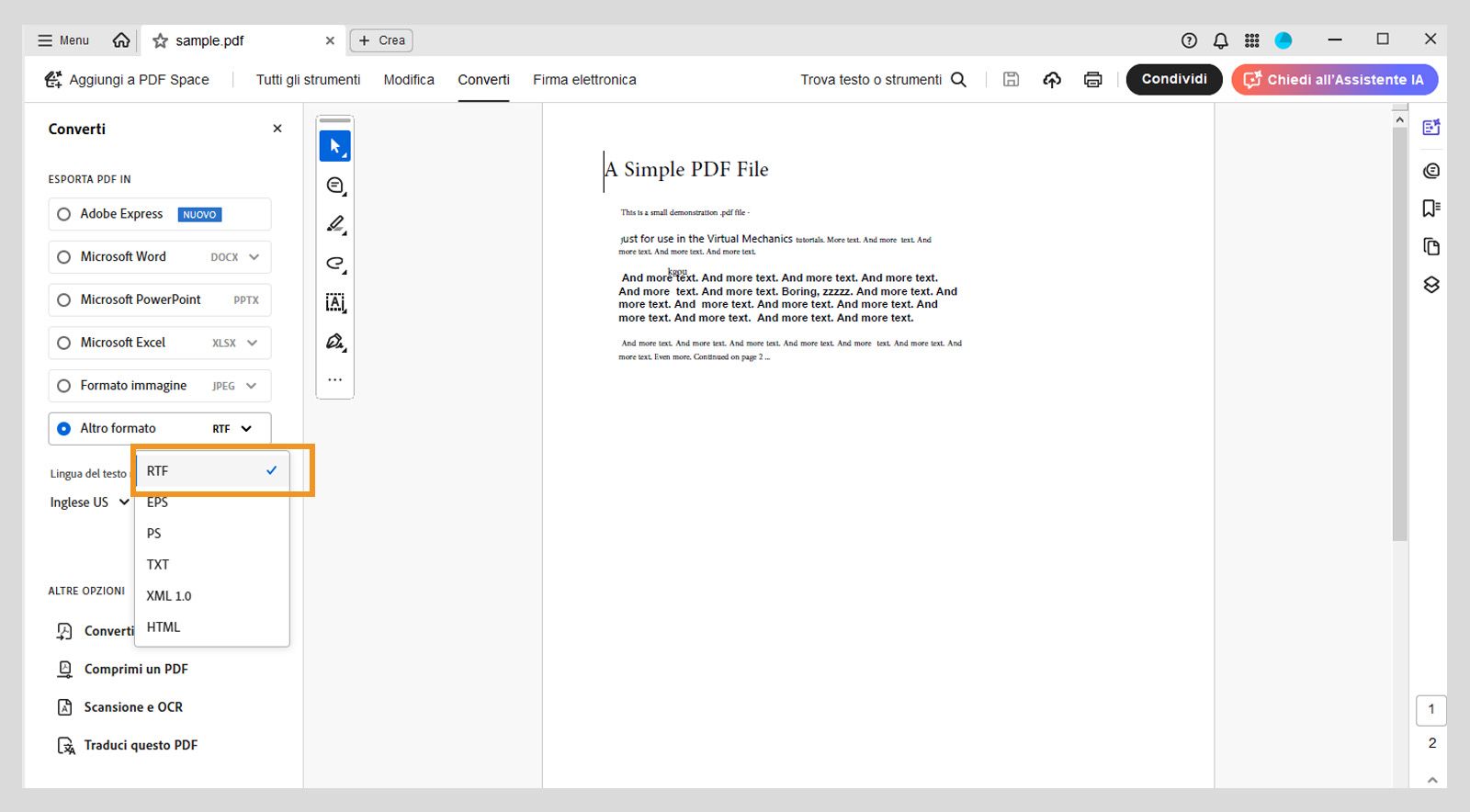 Il menu a discesa Altro formato nella sezione Esporta PDF evidenzia l’opzione RTF dal riquadro di sinistra. 