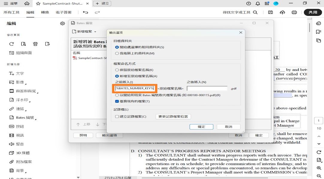 「輸出選項」對話框會顯示「目標資料夾」、「檔案命名」和「記錄檔案」類別。檔案命名包括「插入前」和「插入後」欄位，使用者可以在其中新增數字作為前置詞和後置詞。