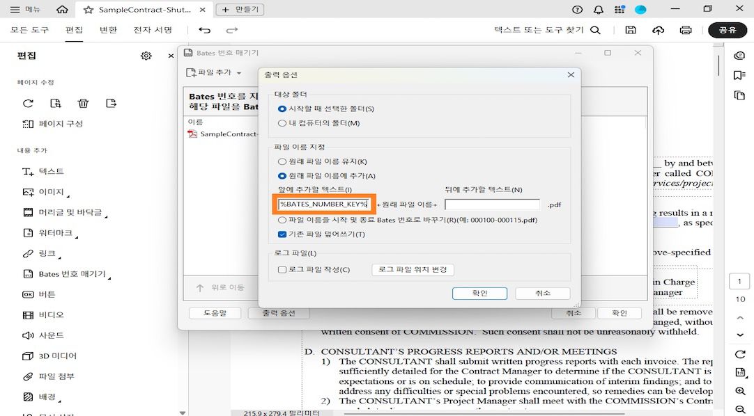 출력 옵션 대화 상자에는 대상 폴더, 파일 이름 지정 및 로그 파일 범주가 표시됩니다. 파일 이름 지정에는 앞에 삽입 및 뒤에 삽입 필드가 포함되어 있으며, 사용자는 접두사와 접미사로 숫자를 추가할 수 있습니다.