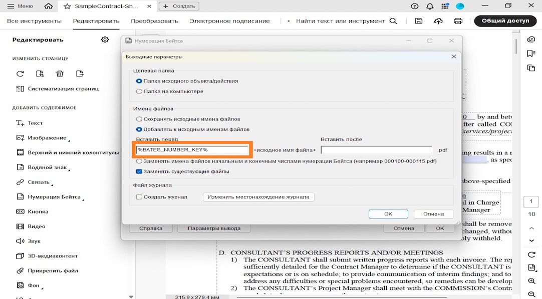 В диалоговом окне «Параметры вывода» отображаются: целевая папка, именование файла и категории файла журнала. Раздел «Именование файлов» включает поля «Вставить перед» и «Вставить после», где пользователь может добавлять номера в качестве префиксов и суффиксов.