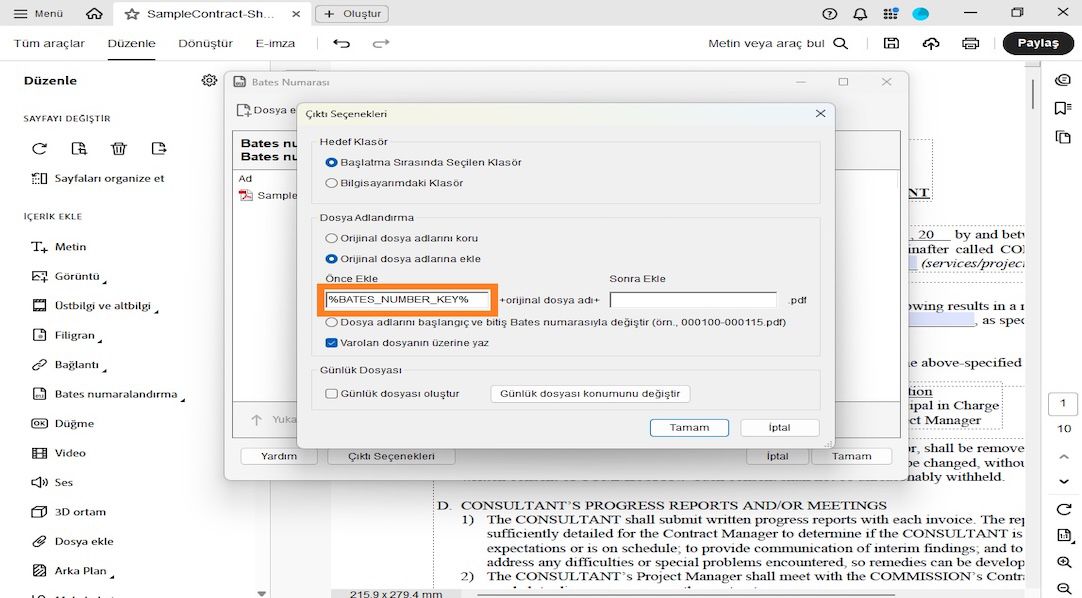 Çıktı Seçenekleri iletişim kutusu Hedef Klasör, Dosya Adlandırma ve Günlük Dosyası kategorilerini gösterir.Dosya Adlandırma, kullanıcının sayıları önek ve sonek olarak ekleyebileceği Şundan Önce Ekle ve Şundan Sonra Ekle alanlarını içerir.