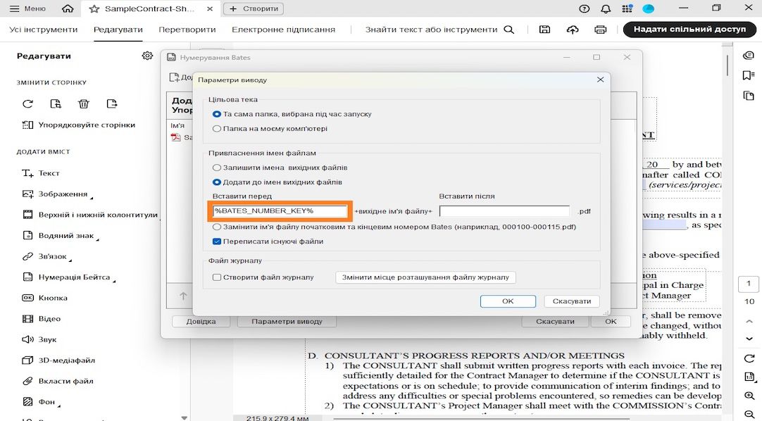 У діалоговому вікні «Параметри виведення» відображаються категорії «Цільова папка», «Іменування файлів» і «Файл журналу».Розділ «Іменування файлів» містить поля «Вставити перед» і «Вставити після», де користувач може додавати номери як префікси та суфікси.
