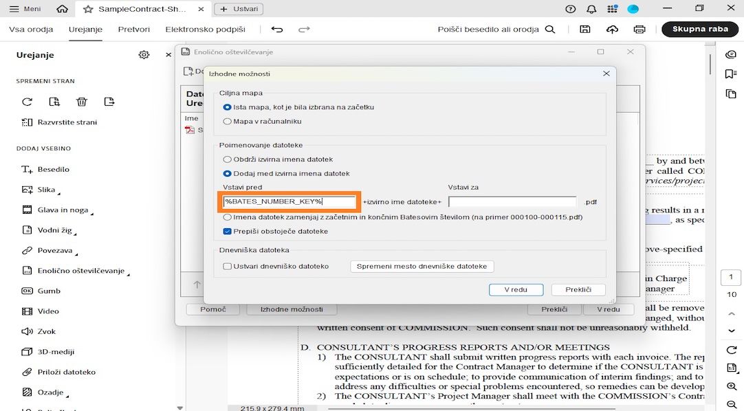 V pogovornem oknu Izhodne možnosti so prikazane kategorije Ciljna mapa, Poimenovanje datotek in Dnevniška datoteka. Poimenovanje datotek vključuje polji Vstavi pred in Vstavi za, kjer lahko uporabnik doda številke kot predpone in pripone.