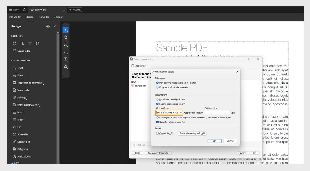 Dialogboksen Utdataalternativer viser kategoriene Målmappe, Filnavngivning og Loggfil. Filnavngivning inkluderer feltene Sett inn før og Sett inn etter, der brukeren kan legge til numre som prefikser og suffikser.