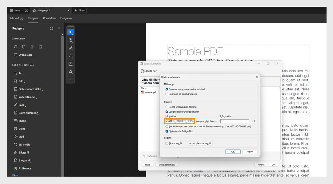 Dialogrutan Utdataalternativ visar kategorierna Målmapp, Filnamngivning och Loggfil. Filnamngivning inkluderar fälten Infoga före och Infoga efter, där användaren kan lägga till nummer som prefix och suffix.