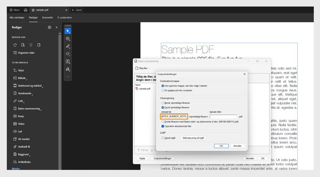 Dialogboksen Outputindstillinger viser kategorierne Målmappe, Navngivning af filer og Logfil. Navngivning af filer inkluderer felterne Indsæt før og Indsæt efter, hvor brugeren kan tilføje numre som præfikser og suffikser.