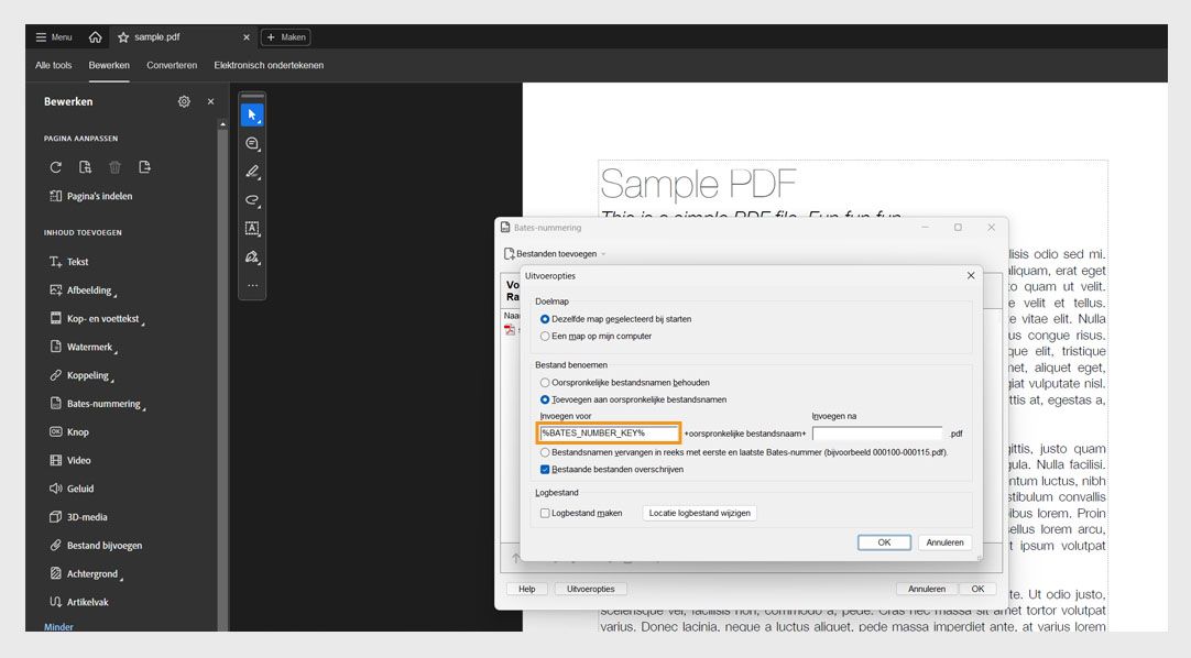 Het dialoogvenster Uitvoeropties toont de categorieën Doelmap, Bestandsnaamgeving en Logbestand. De Bestandsnaamgeving bevat de velden Invoegen voor en Invoegen na, waar de gebruiker nummers als voorvoegsels en achtervoegsels kan toevoegen.