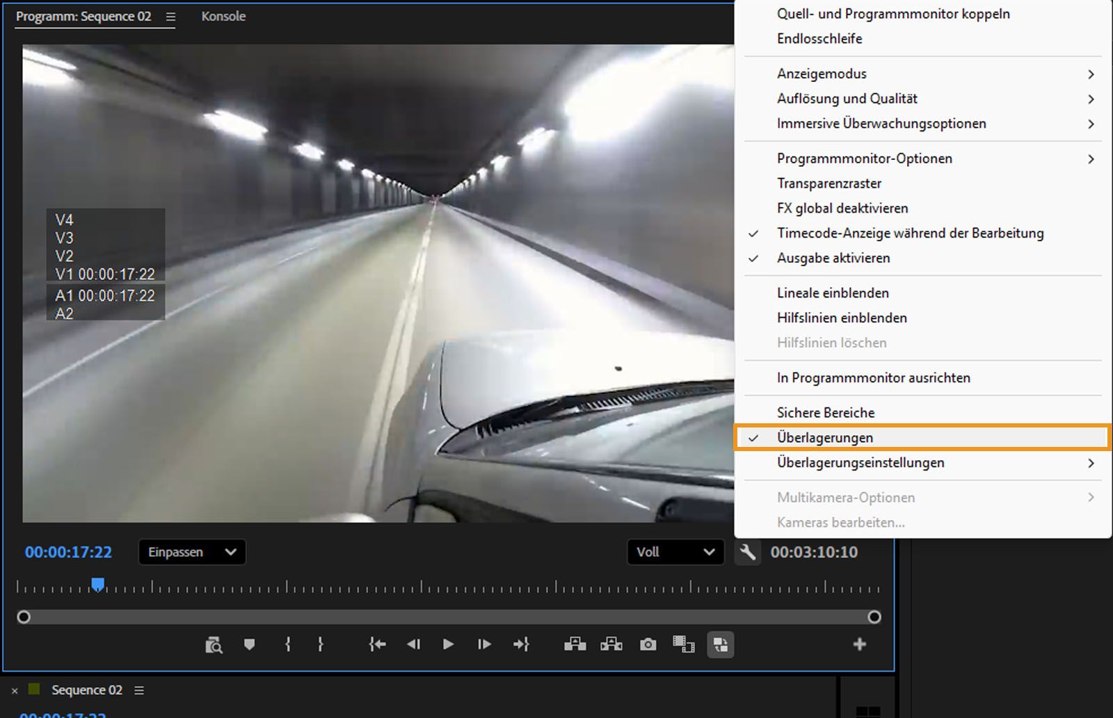 Die Option „Überlagerungen“ ist im Kontextmenü des Programmmonitors aktiviert und hervorgehoben.