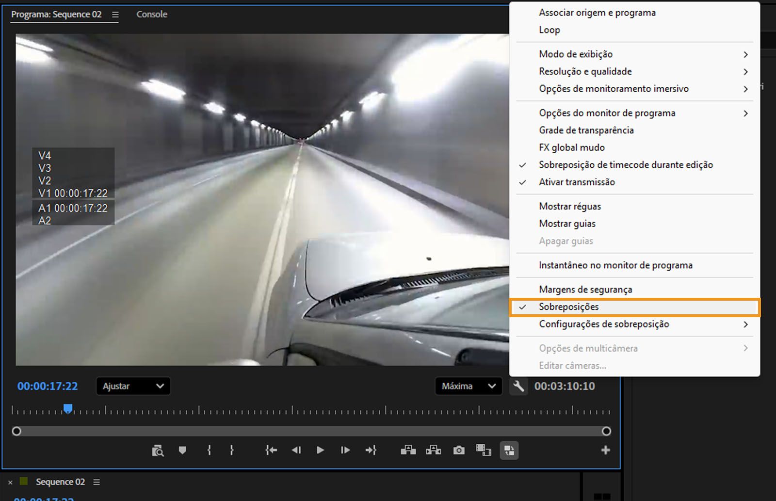 A opção Sobreposições está ativada e destacada no menu de contexto do Monitor de Programa.