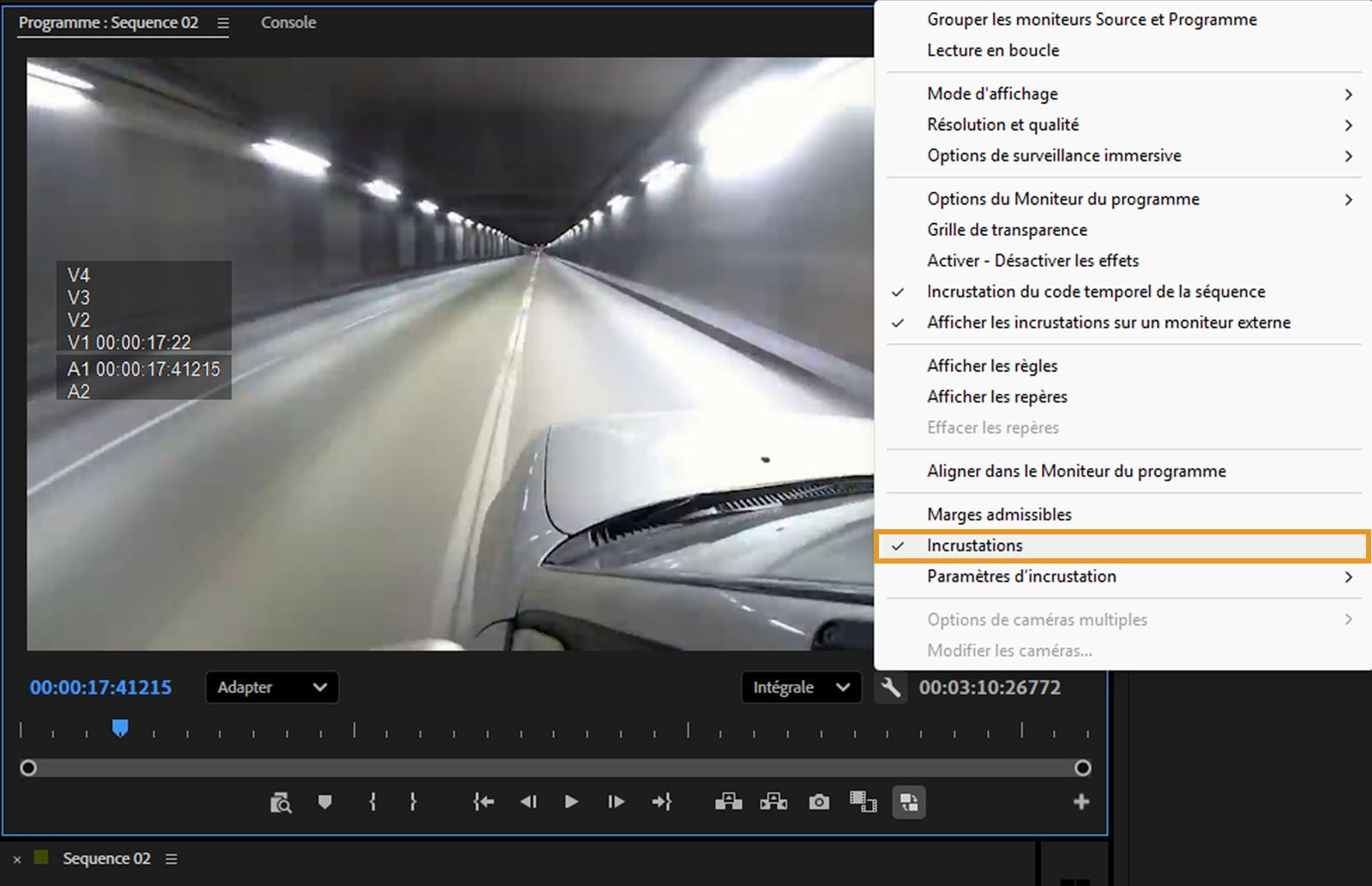 L’option Incrustations est activée et mise en surbrillance dans le menu contextuel du moniteur du programme.