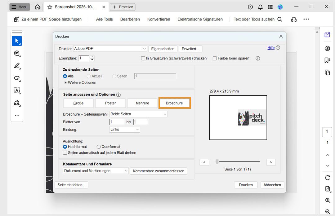 Der Abschnitt „Seite anpassen und Optionen“ im Druckdialogfeld „Drucken“ zeigt die ausgewählte Broschürenoption mit Broschüren-Teilmenge, Bindung und Blätter darunter. 