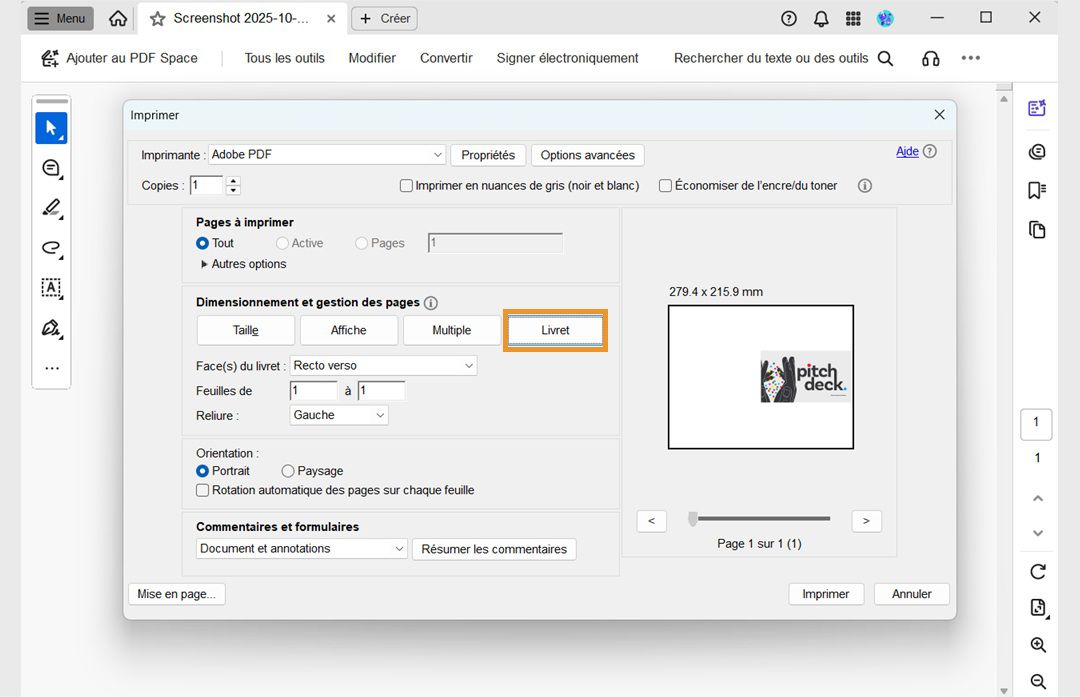 La section Dimensionnement et gestion des pages dans la boîte de dialogue Imprimer présente l’option Livret sélectionnée, avec les options Face(s) du livret, Feuilles de et Reliure en dessous. 