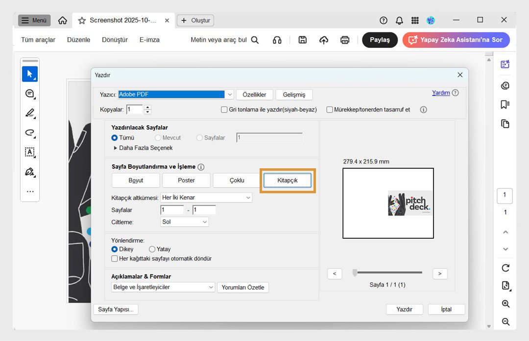 Yazdır iletişim kutusundaki Sayfa Boyutlandırma ve İşleme bölümü, Kitapçık seçeneğinin belirlendiğini ve altında Kitapçık alt kümesi, Ciltleme ve Yapraklar seçeneklerinin bulunduğunu gösterir.