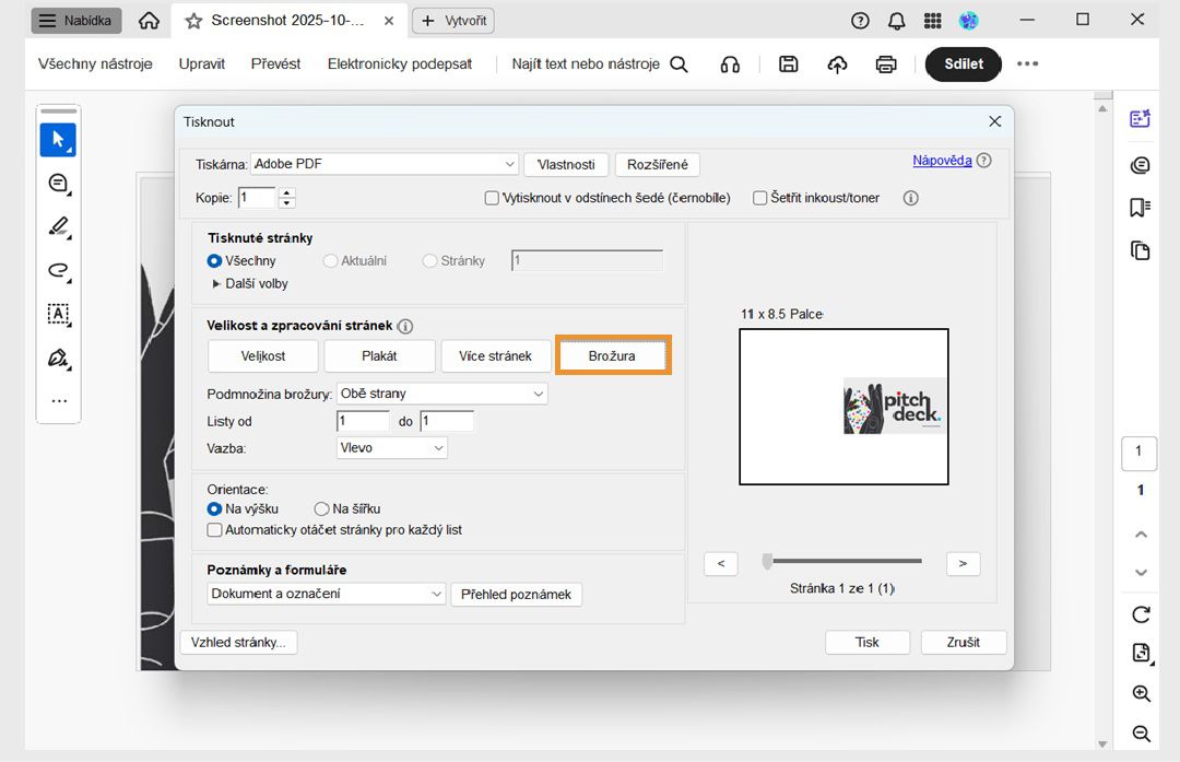 Sekce Velikost a zpracování stránky v dialogovém okně Tisk zobrazuje vybranou možnost Brožura s možnostmi Podsada brožury, Vazba a Listy pod ní.