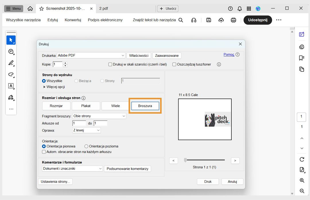 Sekcja Rozmiar i obsługa stron w oknie dialogowym Drukuj pokazuje wybraną opcję Broszura, a pod nią opcje Podzbiór broszury, Oprawa i Arkusze. 