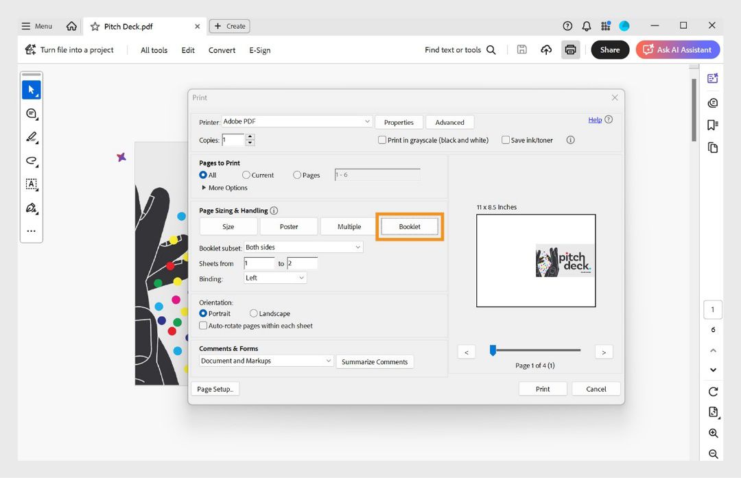 Ipinapakita ng seksyong Page Sizing & Handling sa dialog box ng Print ang napiling opsyong Booklet, kasama ang Booklet subset, Binding, at Sheets sa ilalim nito. 