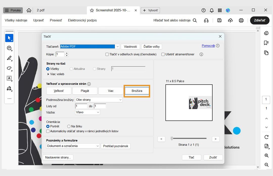 Časť Veľkosť a spracovanie strany v dialógovom okne Tlač zobrazuje vybratú možnosť Brožúra s podmnožinou brožúry, väzbou a hárkami pod ňou.