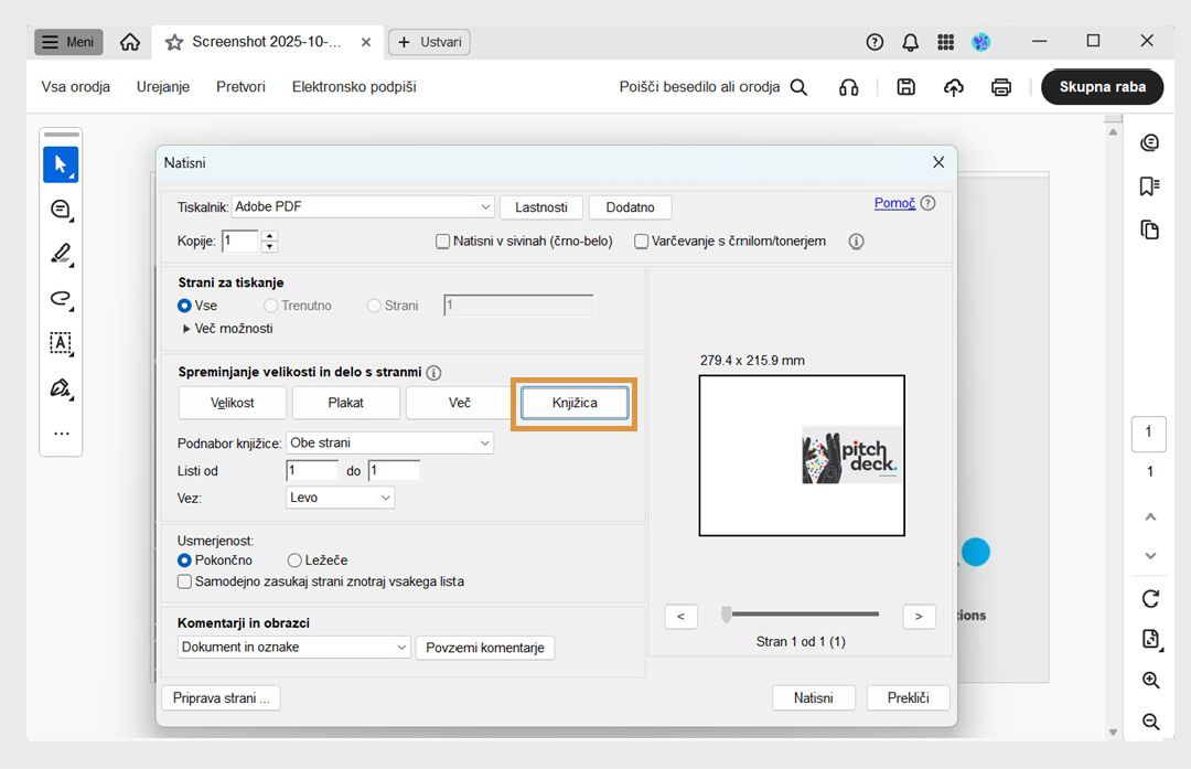 Razdelek Velikost strani in ravnanje v pogovornem oknu Natisni prikazuje izbrano možnost Knjižica, pod njo pa Podnabor knjižice, Vezava in Listi. 