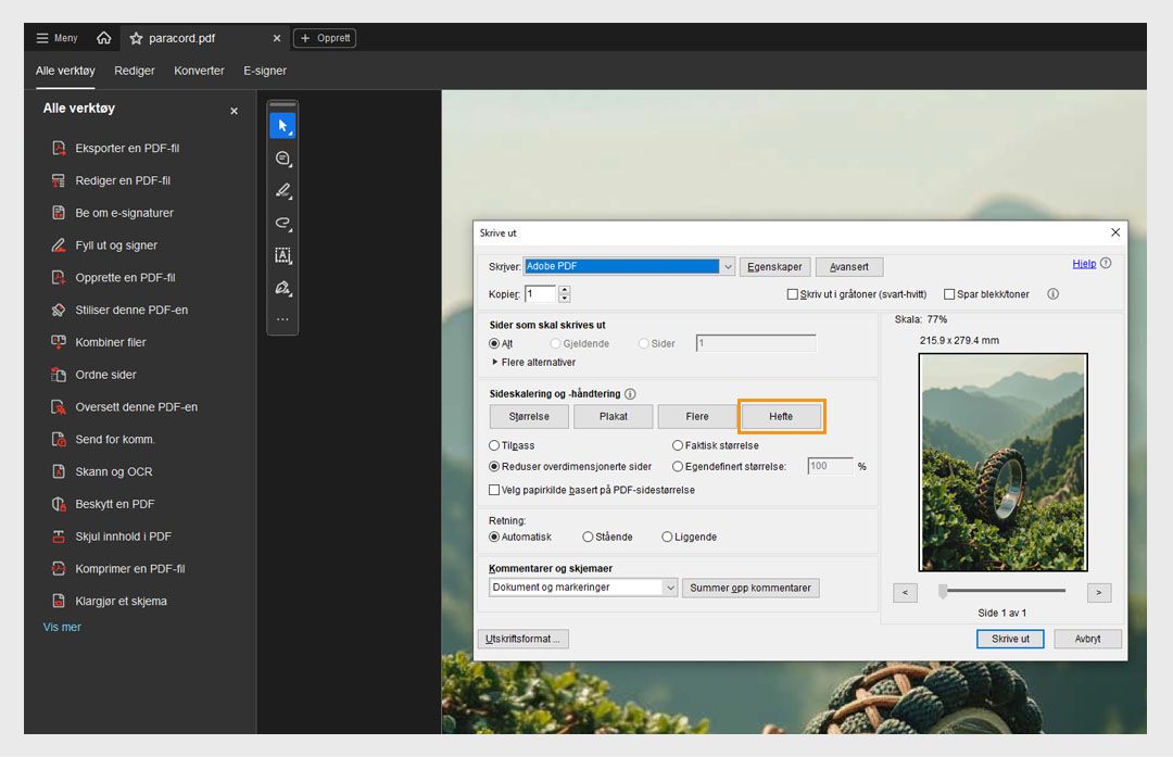 Delen Sidestørrelse og håndtering i dialogboksen Skriv ut viser alternativet Hefte valgt, med Heftedelsett, Innbinding og Ark under. 