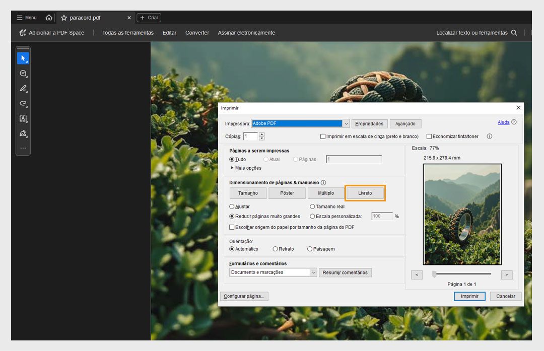 A seção Dimensionar e manusear páginas na caixa de diálogo Imprimir mostra a opção Livreto selecionada, com Subconjunto do livreto, Encadernação e Folhas abaixo dela. 