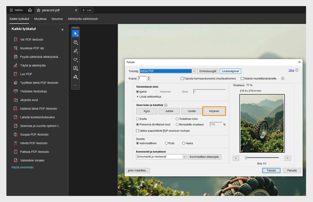 Tulosta-valintaikkunan Sivun koko ja käsittely -osiossa näkyy valittuna Vihko-vaihtoehto, jonka alla ovat Vihko-alajoukko, Sidonta ja Arkit. 