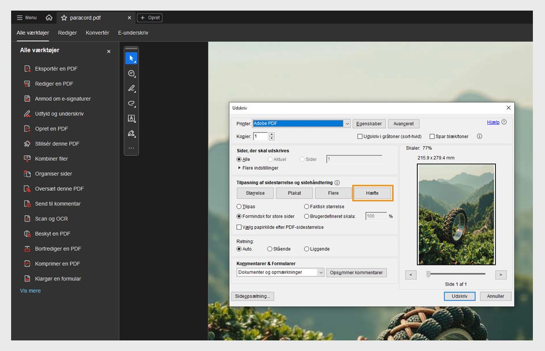 Afsnittet Sidestørrelse og -håndtering i dialogboksen Udskriv viser indstillingen Hæfte valgt med Hæfteundersæt, Indbinding og Ark under den. 