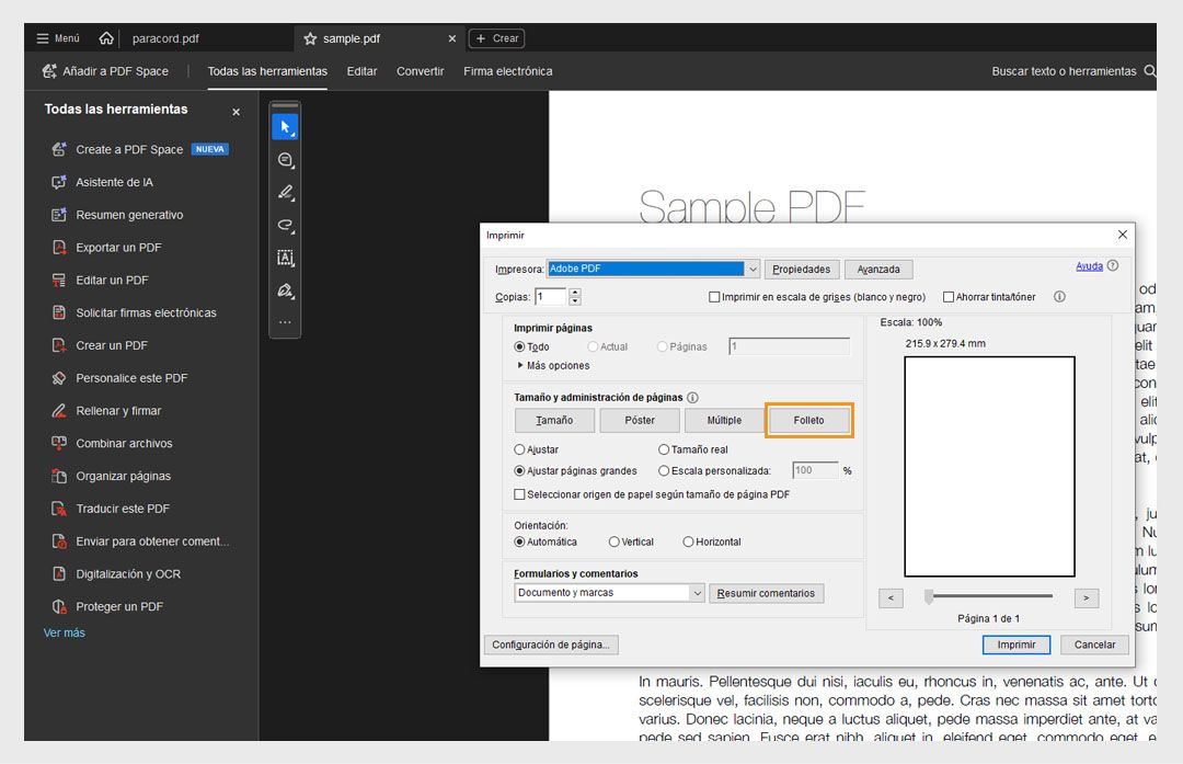 La sección Tamaño y gestión de páginas en el cuadro de diálogo Imprimir muestra la opción Folleto seleccionada, con Subconjunto de folleto, Encuadernación y Hojas debajo. 