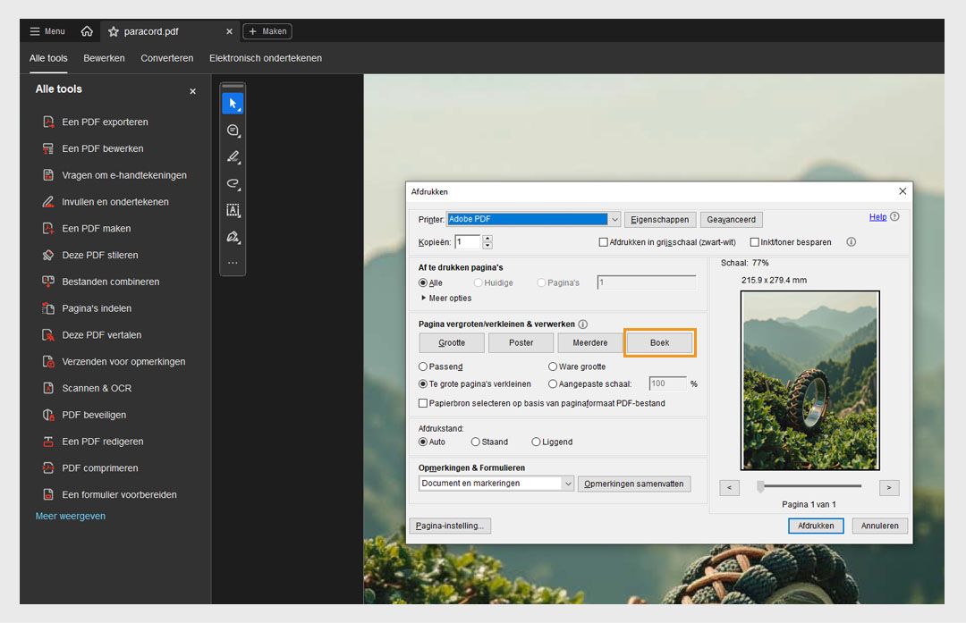 In het gedeelte Paginaformaat en -verwerking in het dialoogvenster Afdrukken wordt de optie Boekje geselecteerd weergegeven, met daaronder de subset Boekje, Binding en Vellen. 