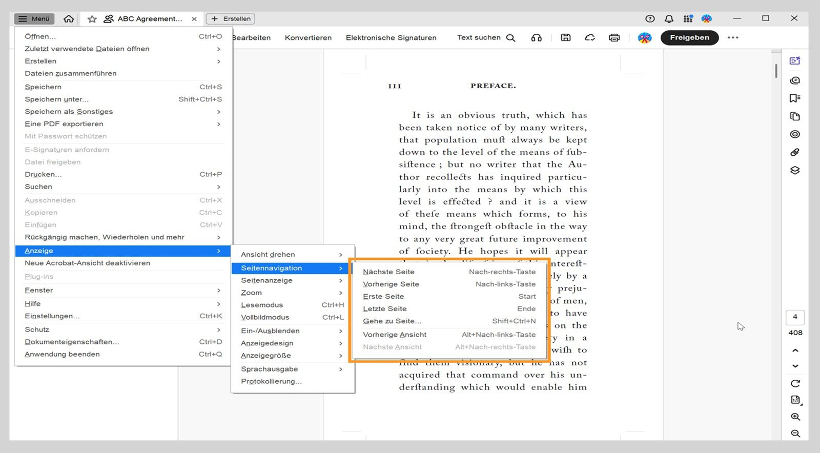 Das Menü „Seitennavigation&quot; im Menü „Anzeige&quot; zeigt eine Liste der Navigationsoptionen in Acrobat an.