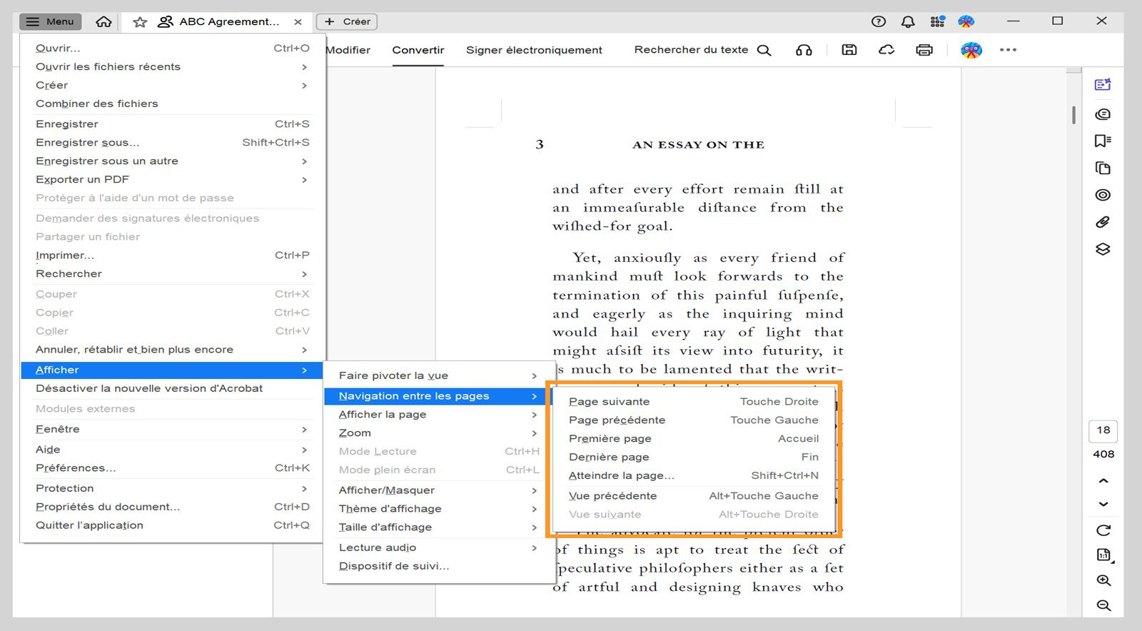 Le menu Navigation de page dans le menu Affichage présente une liste d'options de navigation dans Acrobat.
