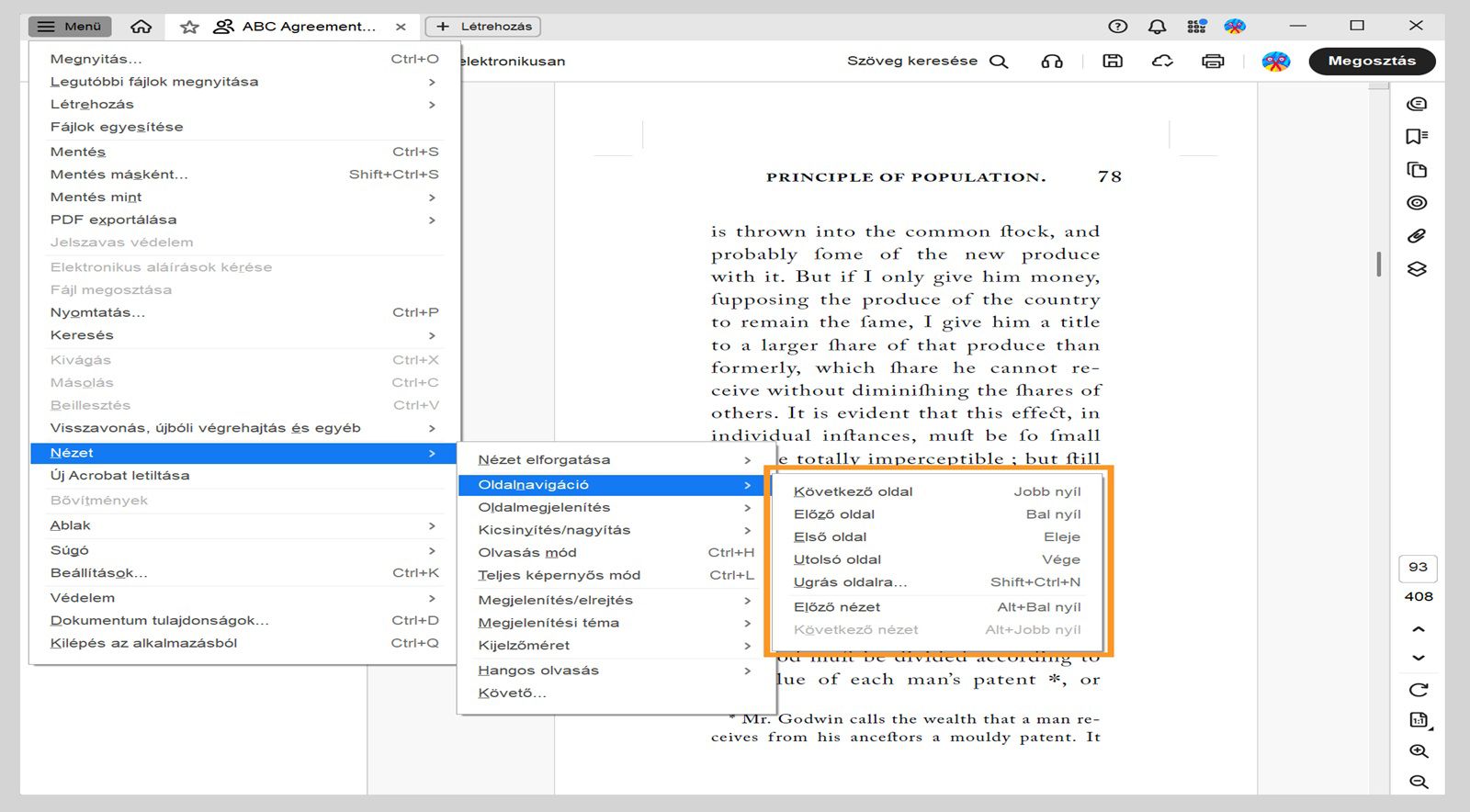 A Nézet menü Oldalnavigáció menüje megjeleníti a navigációs lehetőségek listáját az Acrobatban.