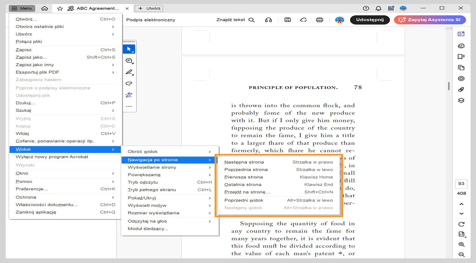 Menu Nawigacja po stronach w menu Widok wyświetla listę opcji nawigacji w programie Acrobat.