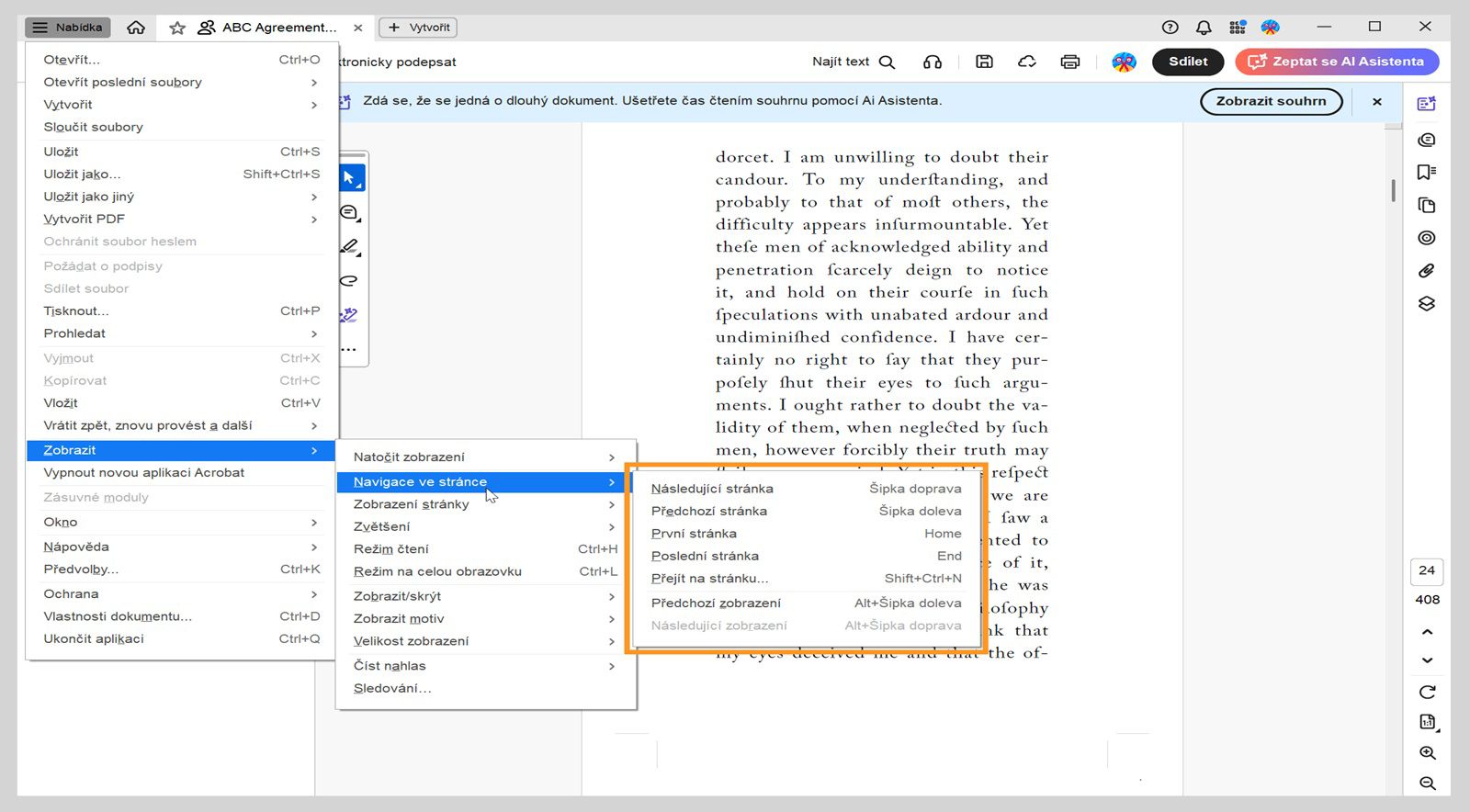 Nabídka Navigace stránek v menu Zobrazení zobrazuje seznam možností navigace v aplikaci Acrobat.
